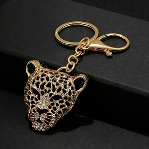 Leopard Head Rhinestone & Goldtone Bag Charm/Key Chain